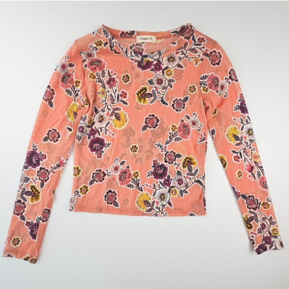 Ginger G Floral Mesh Crop Top Sheer Long Sleeve Peach Y2K Whimsigoth Fairycore S